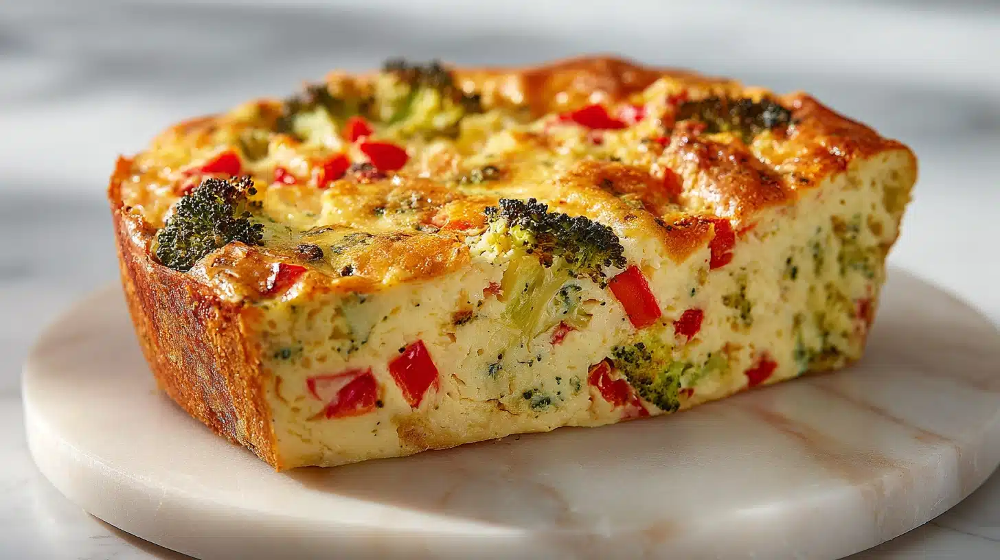 Slice of impossible vegetable pie with broccoli and cheddar on a white plate.