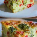A freshly baked slice of impossible vegetable pie on a white ceramic plate, showing a thick, golden-brown self-formed crust and a creamy interior filled with visible broccoli florets, diced red peppers, and melted cheddar cheese.