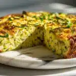 A golden slice of impossible zucchini pie with melted cheese and green zucchini flecks.