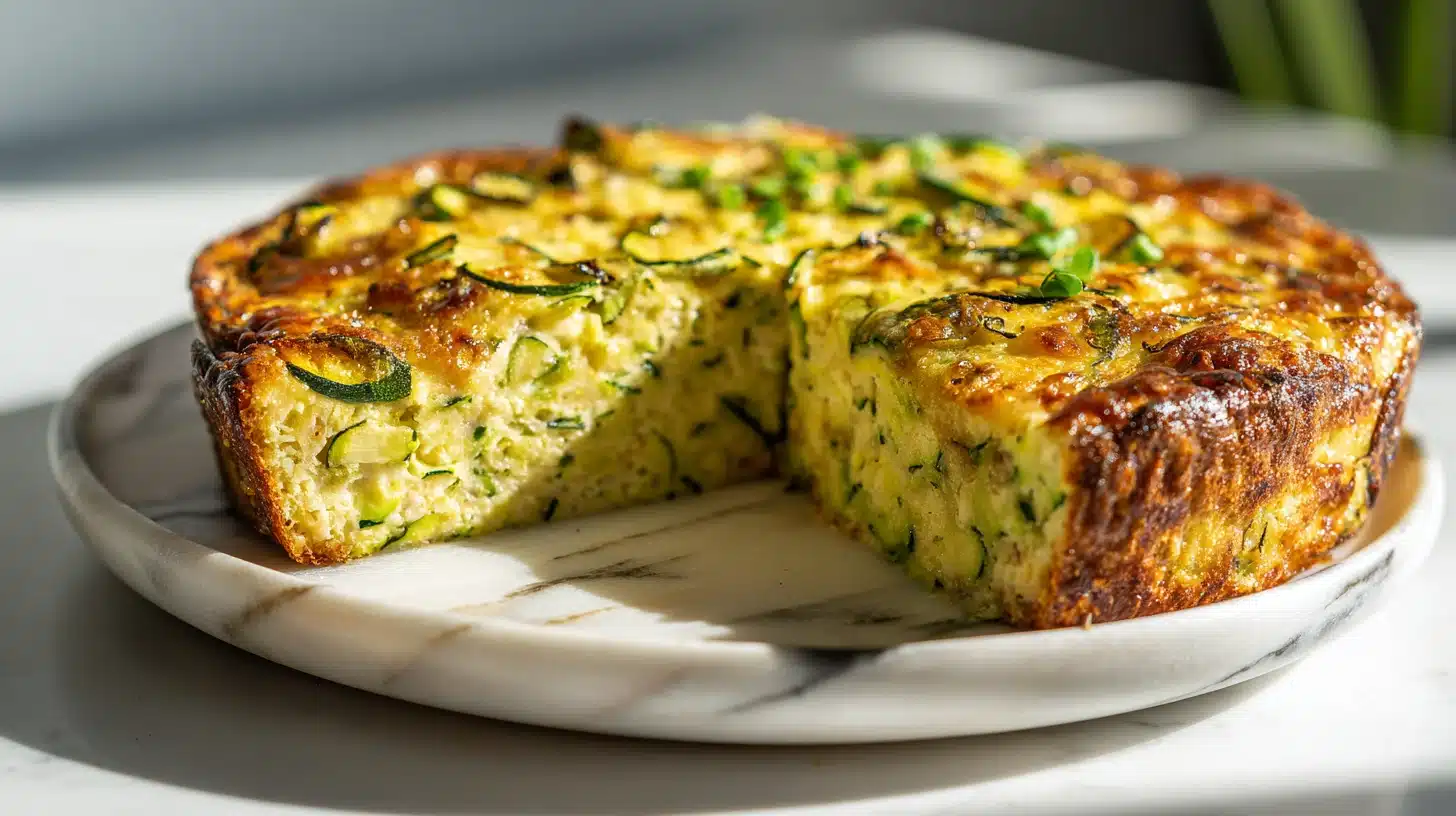 A golden slice of impossible zucchini pie with melted cheese and green zucchini flecks.