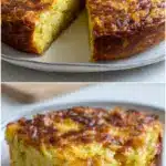 A freshly baked impossible zucchini pie in a white ceramic pie dish, showing a deeply golden, browned cheesy top with visible slices of zucchini and melted cheddar, set on a rustic wooden table with a slice removed.