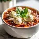 A bowl of Instant Pot Lasagna Soup with melted cheese and fresh basil