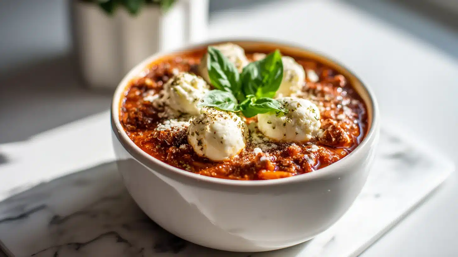 A bowl of Instant Pot Lasagna Soup with melted cheese and fresh basil