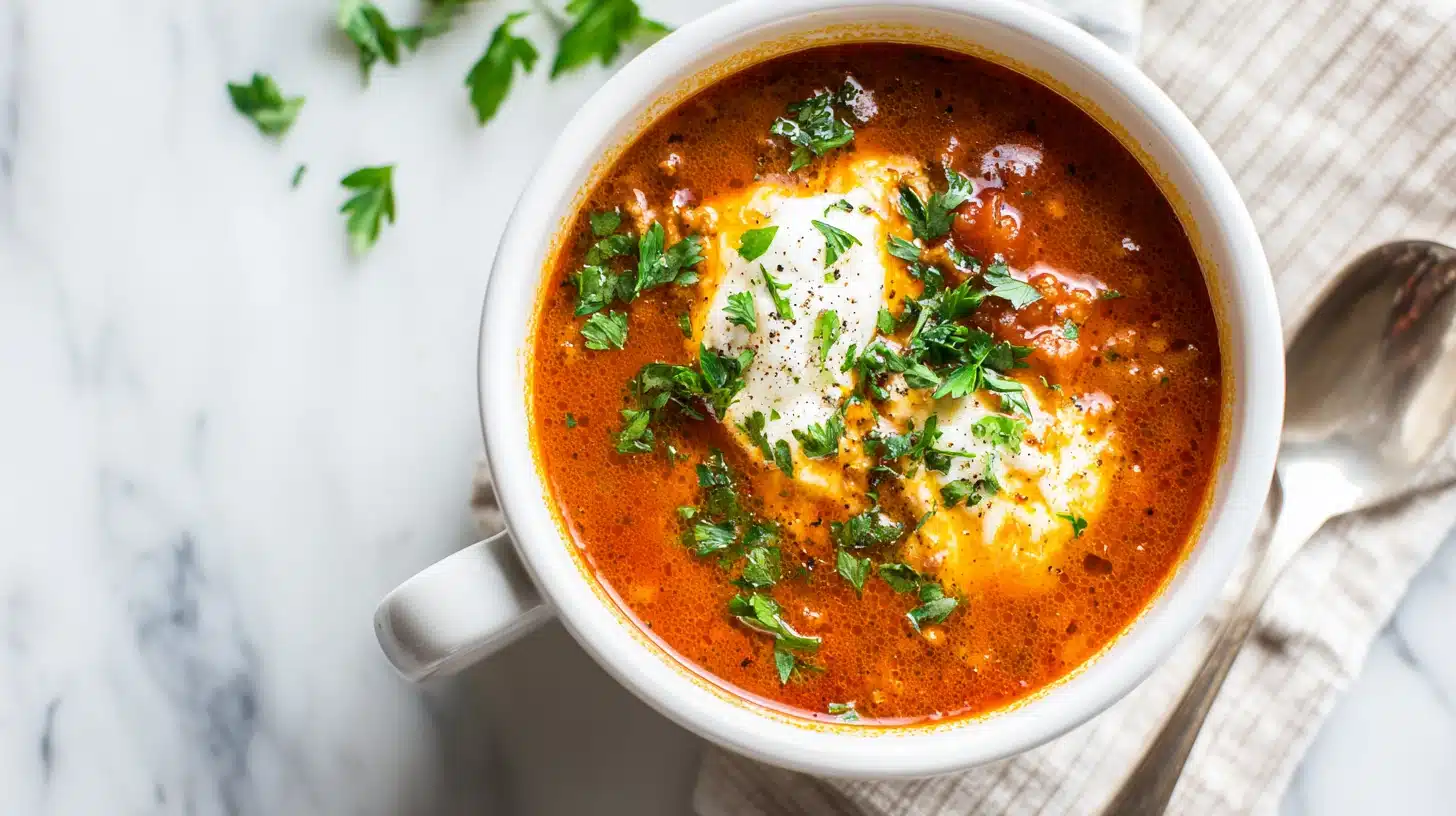 A bowl of Lasagna Soup Recipe with ricotta and mozzarella