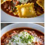 Close-up of a steaming bowl of lasagna soup recipe featuring broken lasagna noodles, crumbled Italian sausage, and a melting dollop of ricotta cheese, garnished with fresh chopped parsley on a rustic wooden table.
