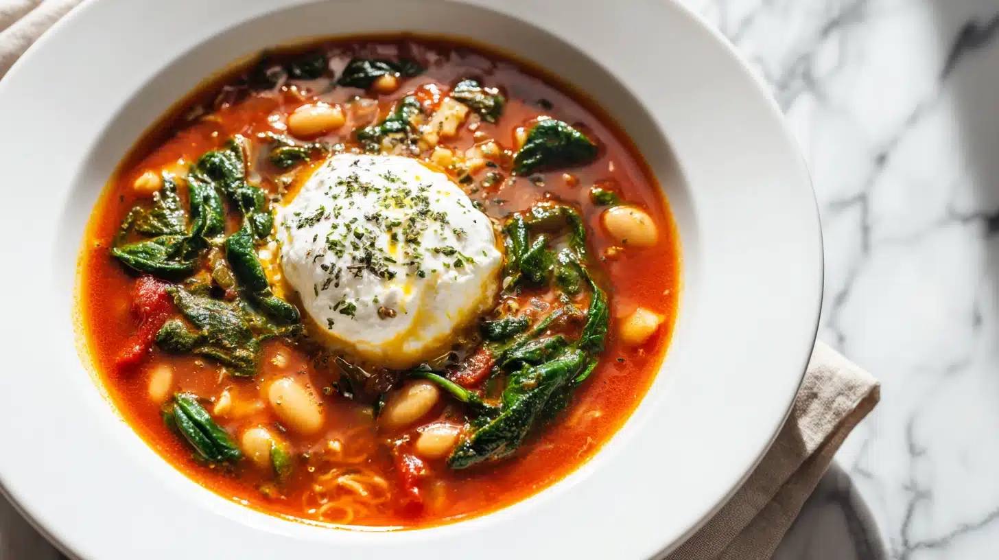 A bowl of Vegetarian Lasagna Soup with ricotta and mozzarella cheese.