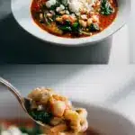 Close-up of a steaming bowl of creamy vegetarian lasagna soup, featuring broken lasagna noodles, wilted green spinach, white beans, and a melting dollop of ricotta cheese in a rich tomato broth, garnished with fresh herbs.