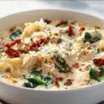 A steaming bowl of White Chicken Lasagna Soup with melted cheese and spinach.