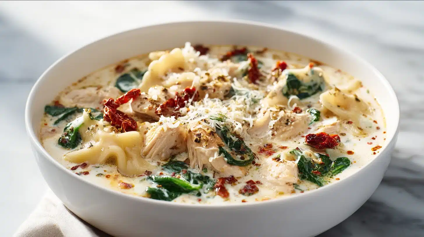 A steaming bowl of White Chicken Lasagna Soup with melted cheese and spinach.