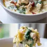 Overhead shot of a steaming ceramic bowl filled with creamy White Chicken Lasagna Soup. Visible chunks of tender chicken, broken lasagna noodles, wilted spinach, and red sun-dried tomatoes, topped with a blanket of melted mozzarella and grated parmesan cheese, with a spoon resting on the side.