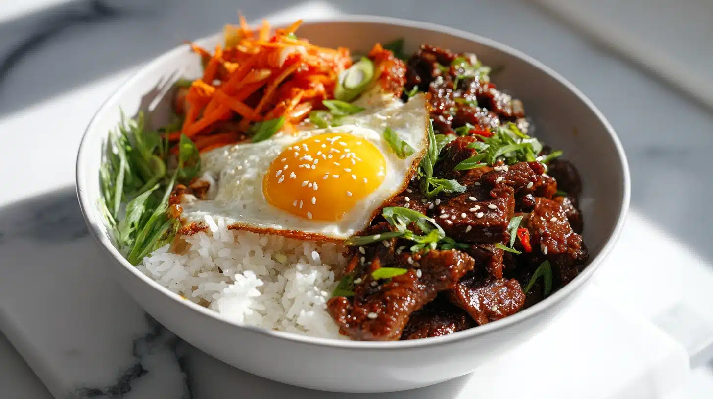A steaming bulgogi rice bowl recipe with caramelized beef, egg, and kimchi