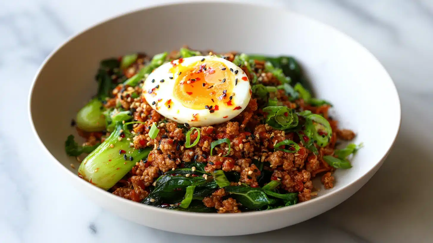 A bowl of glossy spicy chili crisp noodles recipe ready to eat