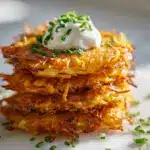 A stack of golden brown patties from a crispy potato pancakes recipe.