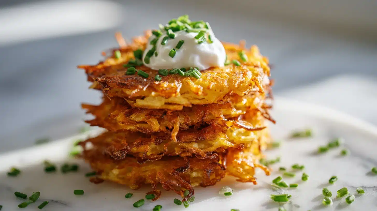 A stack of golden brown patties from a crispy potato pancakes recipe.