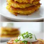 A stack of perfectly golden, crispy shredded potato pancakes on a white plate, garnished with a melting dollop of sour cream and sprinkled with fresh green chives, shot in bright natural light. The ultimate crispy potato pancakes recipe.
