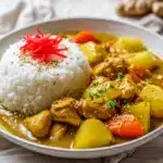 A bowl of chicken and rice demonstrating an easy japanese curry recipe