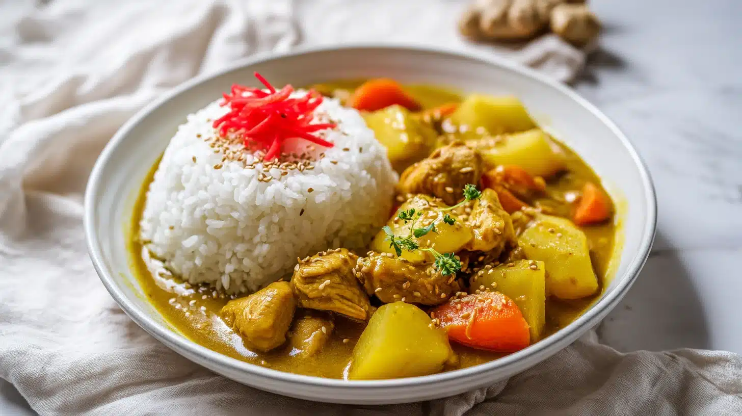 A bowl of chicken and rice demonstrating an easy japanese curry recipe