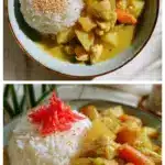 Overhead view of a steaming bowl of golden Japanese curry with tender chicken chunks, soft potato wedges, and bright orange carrot slices, served next to a mound of fluffy white rice. Garnished with black sesame seeds and a small pile of red pickled ginger on a rustic wooden table.