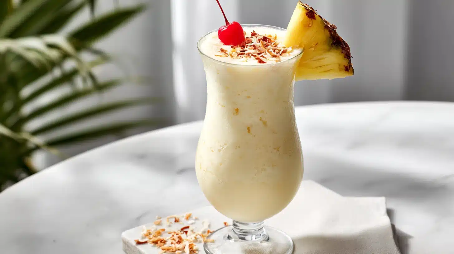 A thick, creamy frozen pina colada recipe topped with a cherry and pineapple wedge.