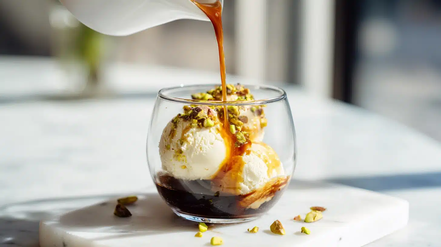 A clear glass showing how to make affogato with espresso and gelato.