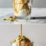 A scoop of vanilla gelato in a clear glass cup with hot espresso being poured over it, creating a rich crema. The dessert is garnished with crushed pistachios and a caramel drizzle on a dark surface.