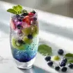 A tall glass showcasing the kiwi blueberry mojito recipe with crushed fruit