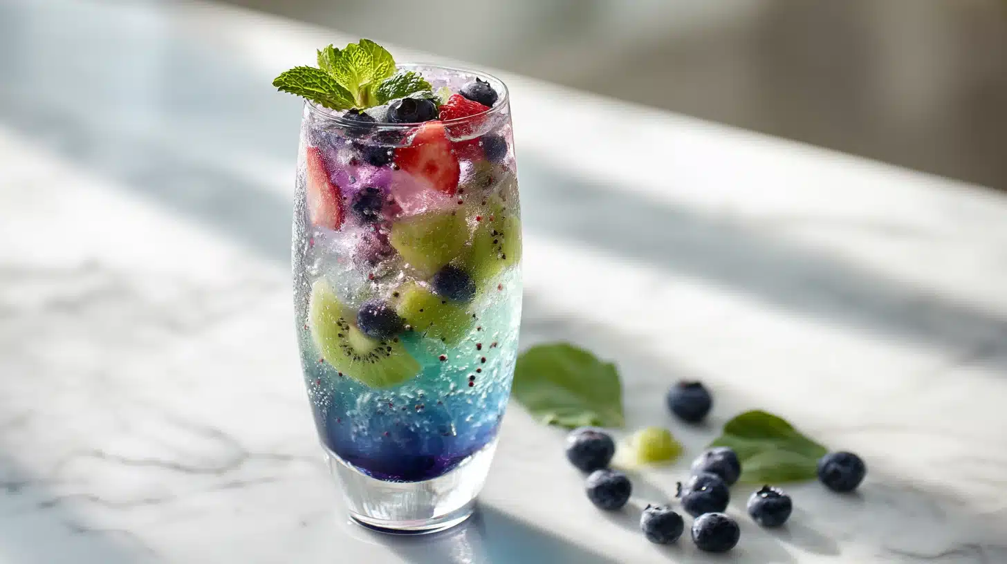 A tall glass showcasing the kiwi blueberry mojito recipe with crushed fruit