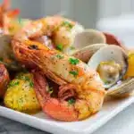 A sheet pan of shrimp, clams, and sausage for an oven seafood boil recipe.
