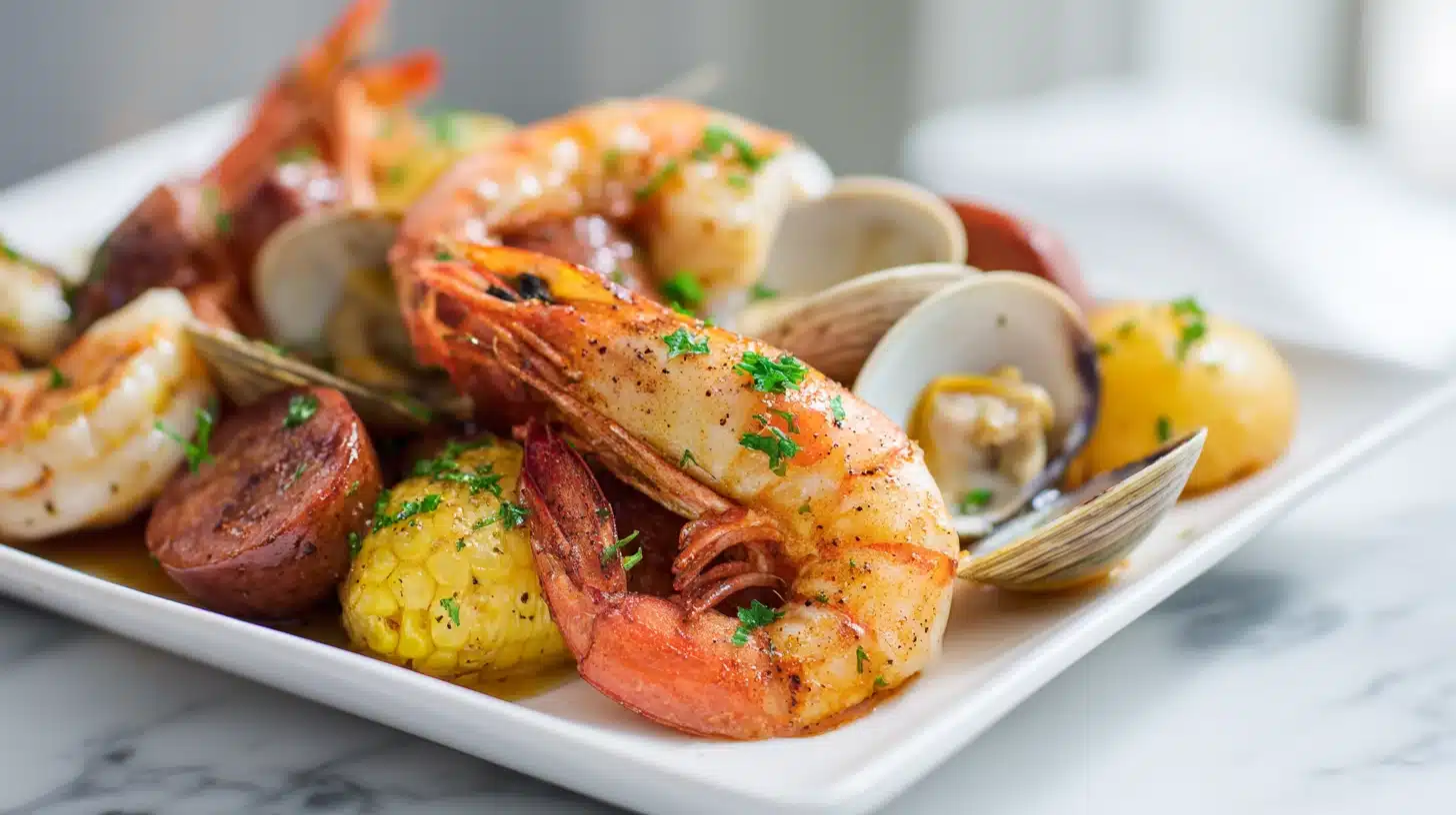 A sheet pan of shrimp, clams, and sausage for an oven seafood boil recipe.