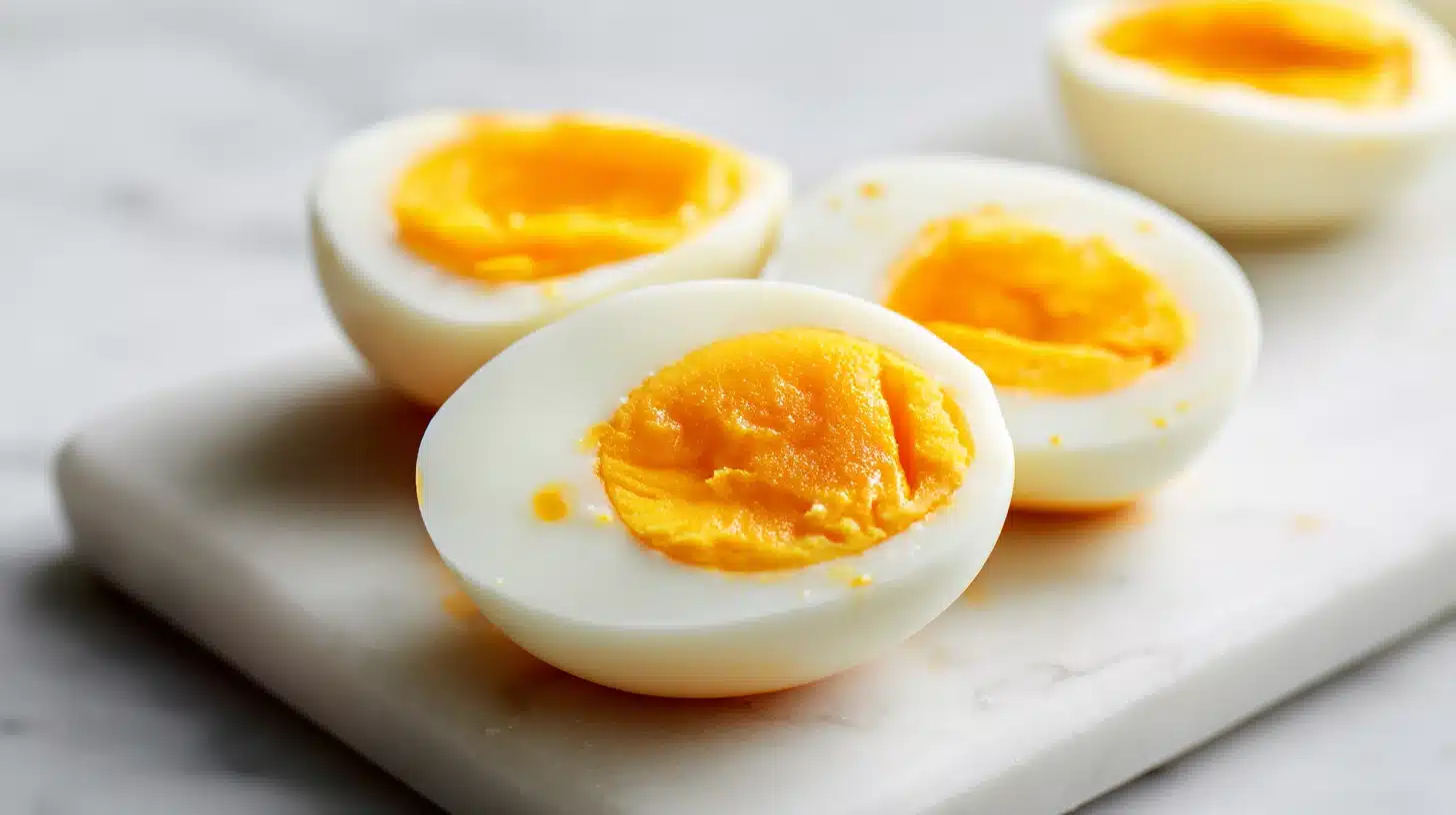 A bowl of perfect hard boiled eggs with smooth whites and bright yellow yolks on a wooden board.