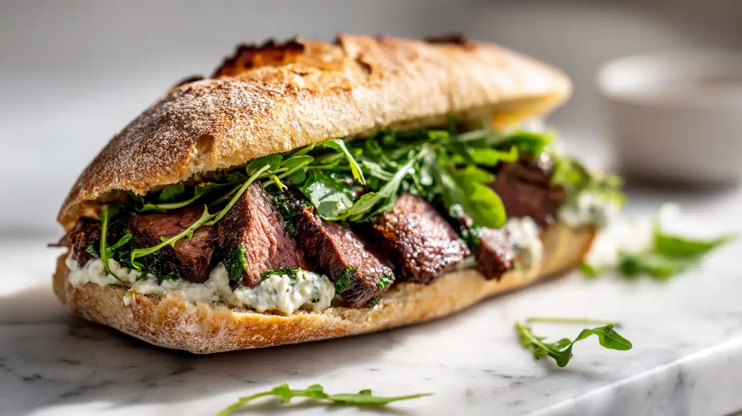 A ciabatta steak sandwich with creamy steak sandwich horseradish sauce and arugula.